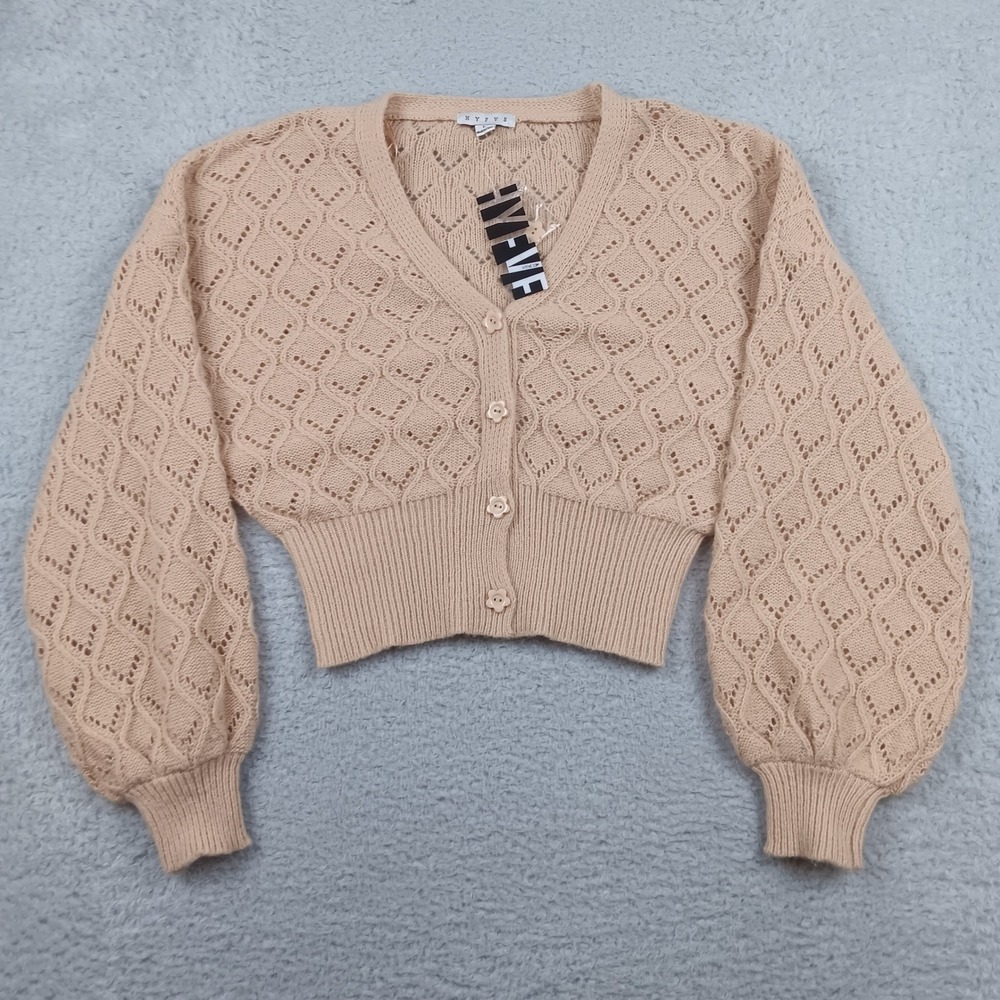 Hyfve Cardigan Crochet Diamond Weave Women L Taupe Flower Button NWT HF23F477